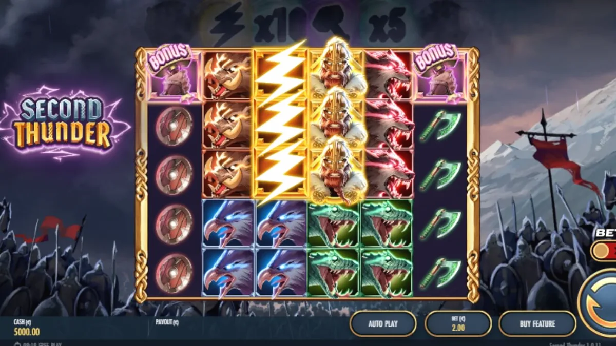 Cenário distópico e gelado do slot Second Thunder com guerreiros vikings